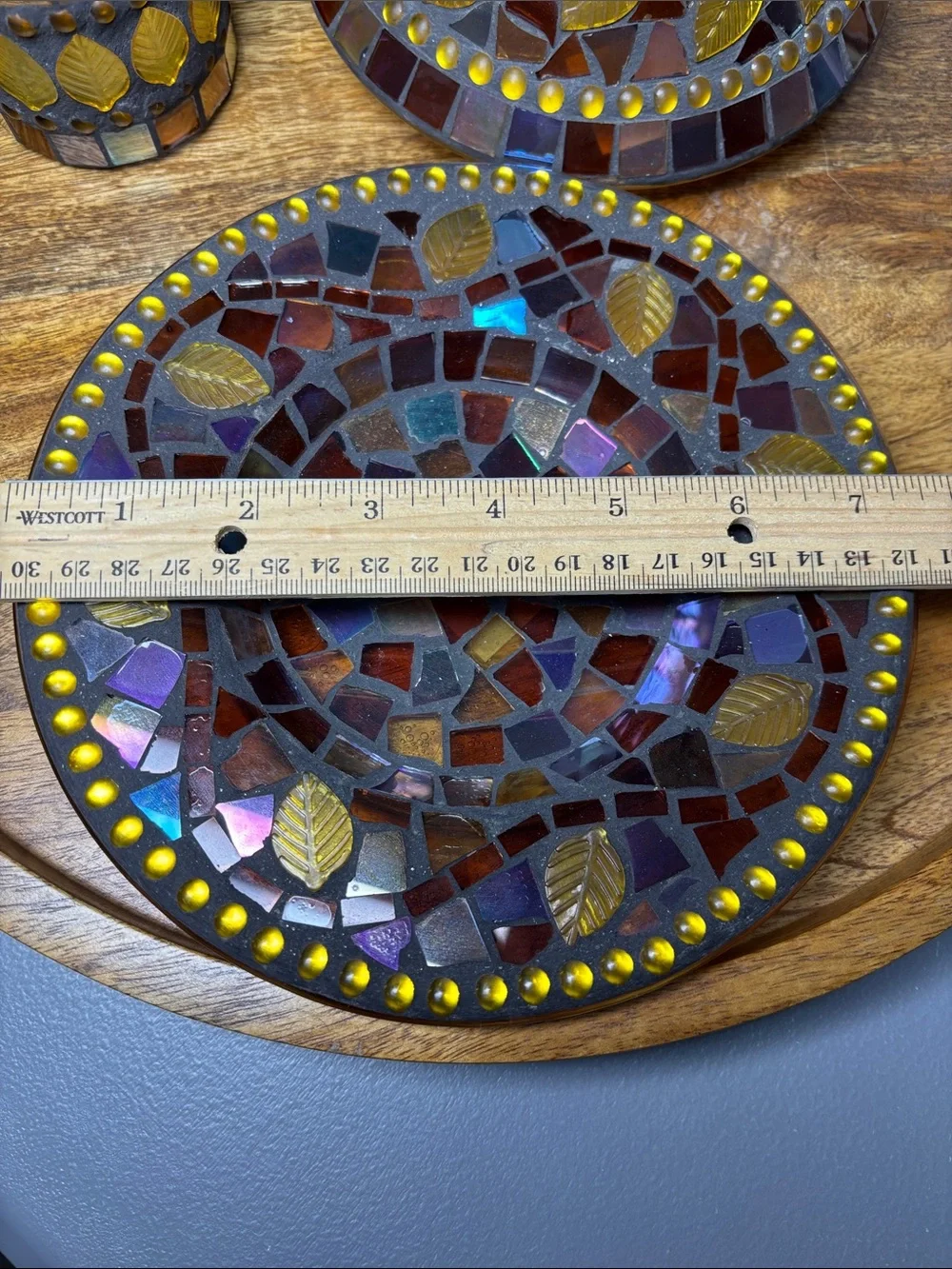 Yankee Candle Mosaic Leaves Glass Leaf Accent Set Topper Jar Plate Amber Purple